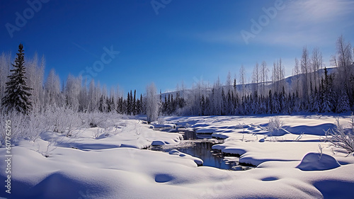winter landscape with deep blue sky. Generative Ai