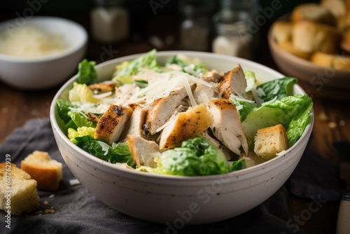 a bowl of chicken caesar salad, with juicy grilled or baked chicken and crunchy croutons, created with generative ai