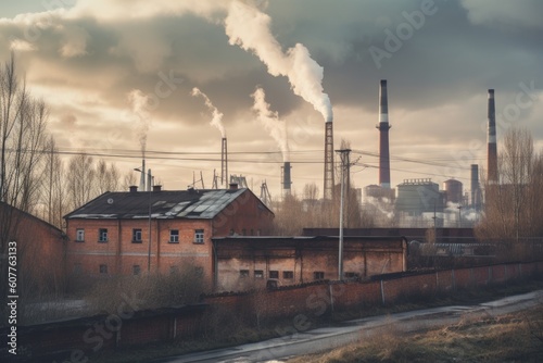 factory  with smoke and exhaust fumes rising from the chimneys  created with generative ai