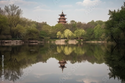 peaceful pond with china pagoda reflected in the water, created with generative ai