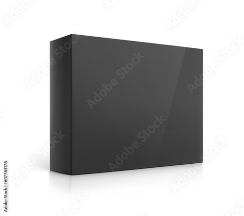 Realistic black cardboard box mockup. Half side view. Vector illustration isolated on white background. Can be use for food, medicine, cosmetic, sport and other. Ready for your design. EPS10.	