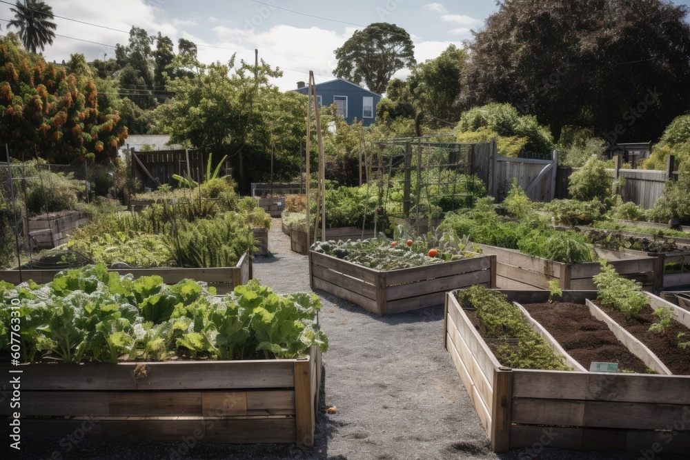 community garden, with vegetables and herbs growing in raised beds, created with generative ai