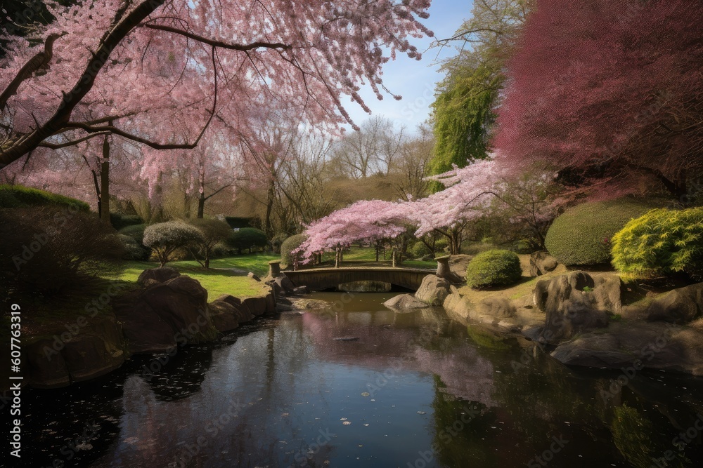 cherry blossom garden, with view of tranquil pond and waterfall, created with generative ai