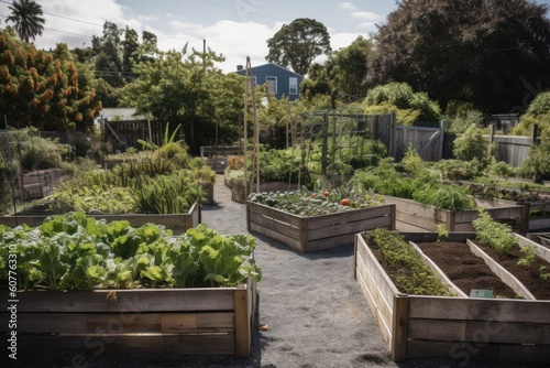 community garden, with vegetables and herbs growing in raised beds, created with generative ai