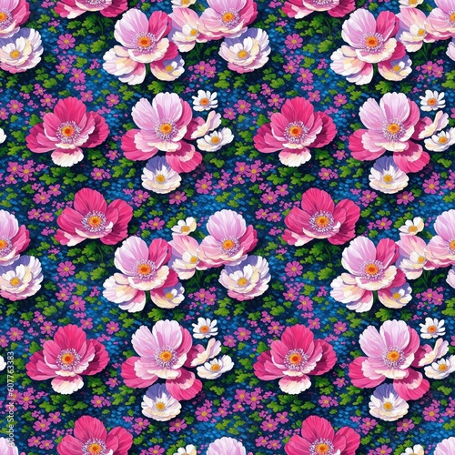 Seamless floral pattern with anemone flowers, tileable, Generative AI