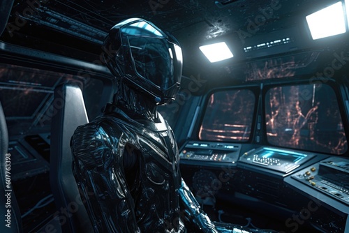 alien piloting high-tech spacecraft, commuting to distant colony, created with generative ai