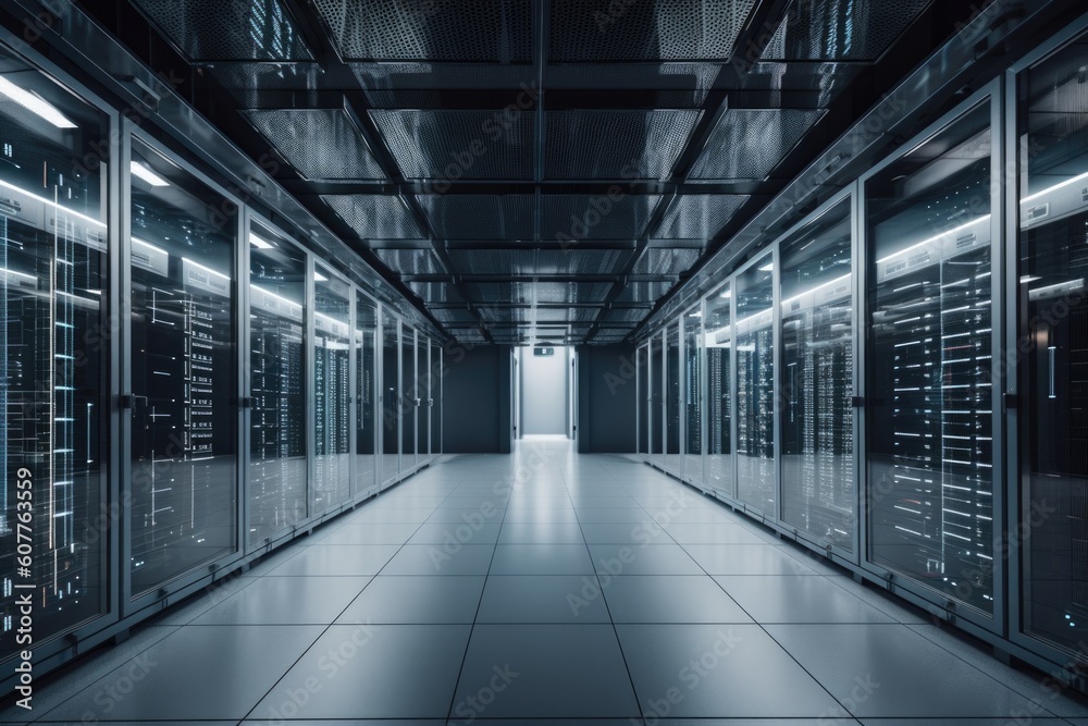 data center with sleek and futuristic interior, filled with advanced technology for storing and managing data, created with generative ai data center with sleek and futuristic interior, filled with advanced technology for storing and managing data, created with generative ai