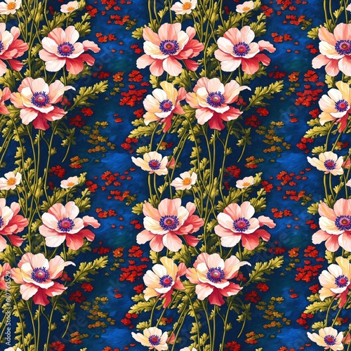 Seamless floral pattern with anemone flowers, tileable, Generative AI