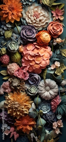 beautiful floral background with detailed flowers made of crumpled paper, ai tools generated image © whitehoune