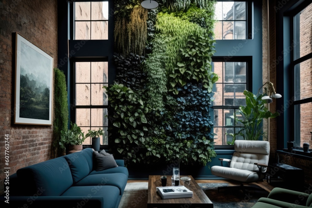 a vertical garden on a brick wall in an urban loft, created with generative ai