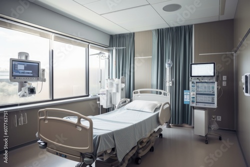 hospital room  with diagnostic equipment in view and ai-driven iv drip visible  created with generative ai