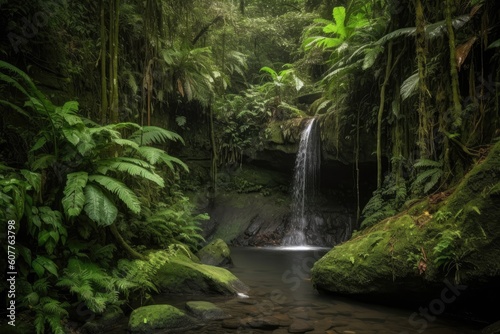 waterfall surrounded by lush greenery and wildlife, created with generative ai