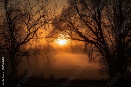 misty sunrise, with the sun rising over trees and mist, created with generative ai