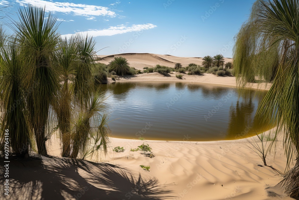 desert oasis with towering sand dunes in the background, created with generative ai