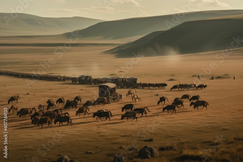 nomadic tribe traversing vast  open landscape with pack animals and carts  created with generative ai
