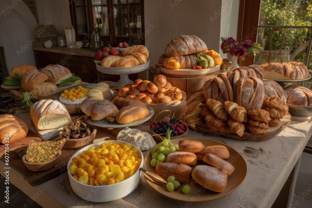 table of artisan breads, with variety of shapes and flavors for guests to enjoy, created with generative ai