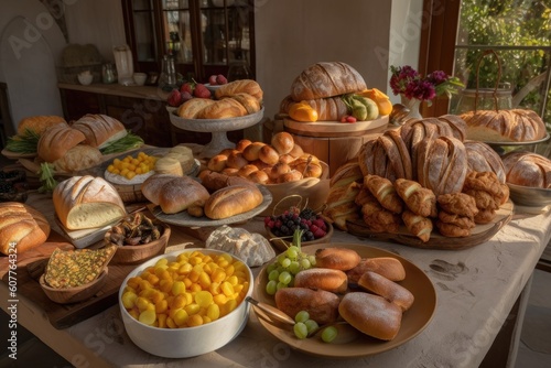 table of artisan breads  with variety of shapes and flavors for guests to enjoy  created with generative ai