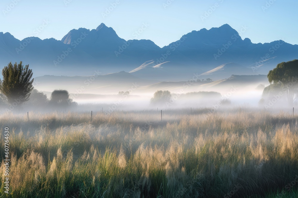 morning mist rising over meadows, with mountains in the background, created with generative ai