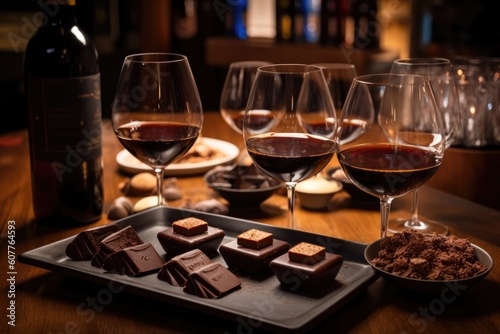chocolate and wine tasting experience with variety of wines and chocolates, created with generative ai photo