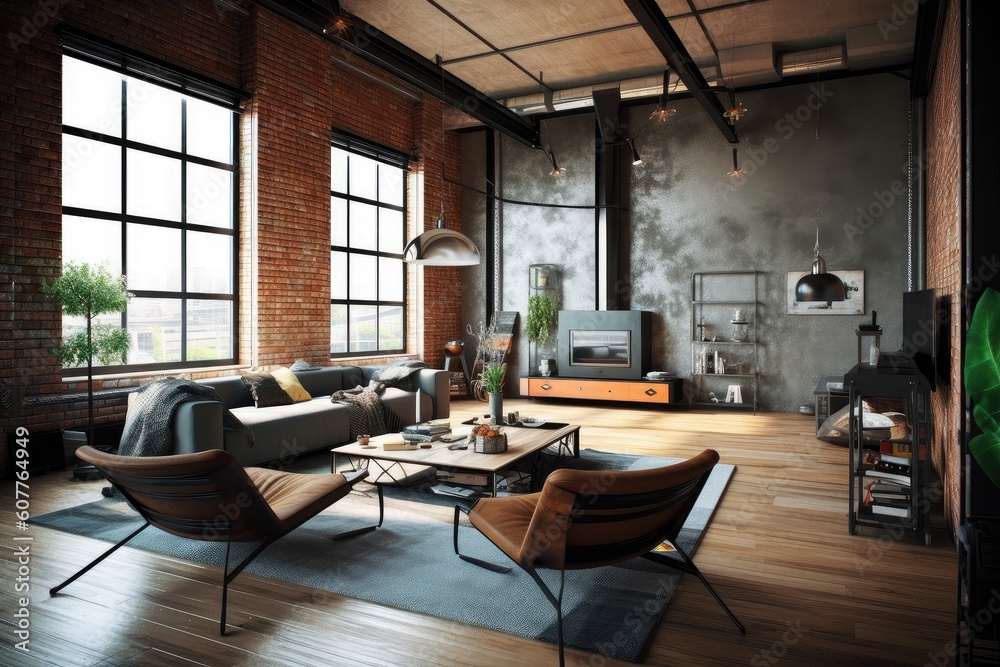 industrial home, with sleek and modern furniture in the living room, created with generative ai