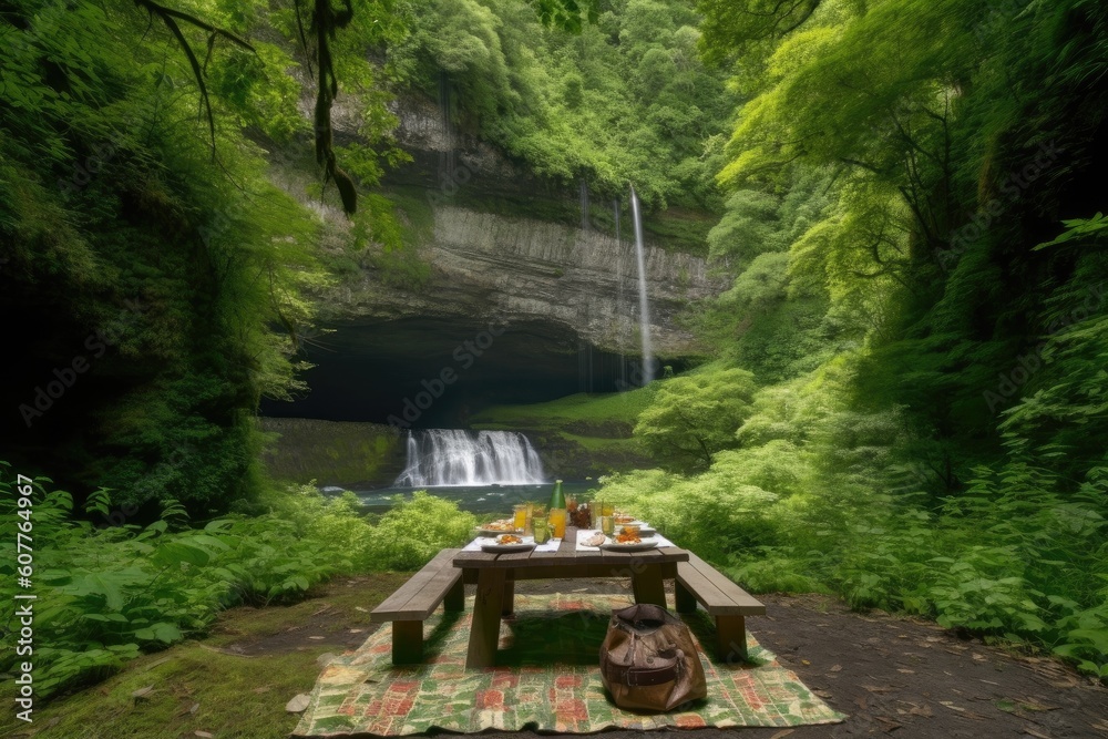 picnic with view of waterfall, surrounded by greenery, created with generative ai picnic with view of waterfall, surrounded by greenery, created with generative ai