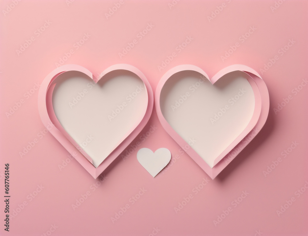 Papercut two heart shape on pink background for Valentine's day card frame. Generative AI