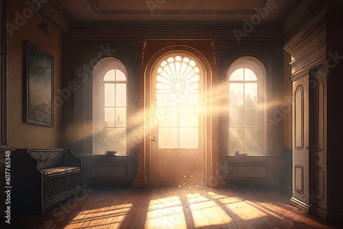 a peaceful room, with rays of sunlight shining through the window and illuminating the room, created with generative ai