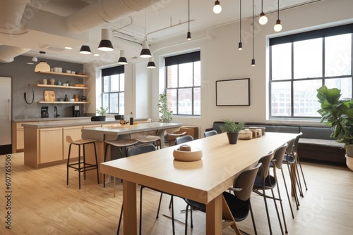 co-working space, with communal tables and modern decor, created with generative ai