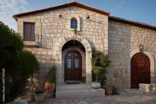 mediterranean house with stone facade, gabled roof and arched door, created with generative ai © Alfazet Chronicles