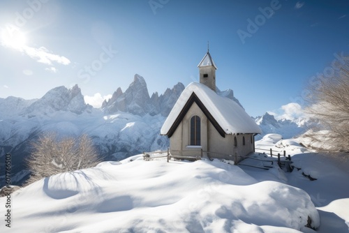 peaceful chapel surrounded by snow-covered peaks and clear blue skies, created with generative ai