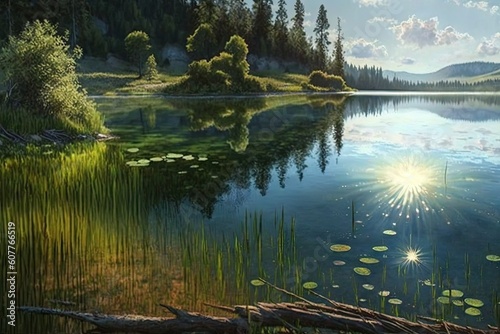 summer afternoon, with crystal-clear lake and warm sun shining down on tranquil water, created with generative ai