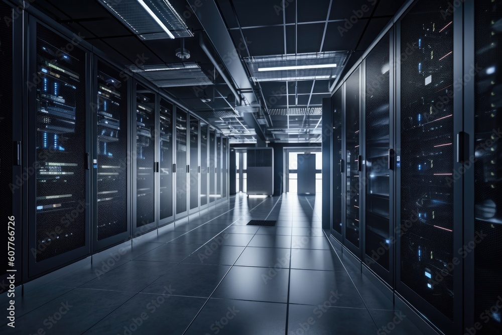 data center filled with sleek and powerful servers, humming in the background, created with generative ai data center filled with sleek and powerful servers, humming in the background, created with generative ai