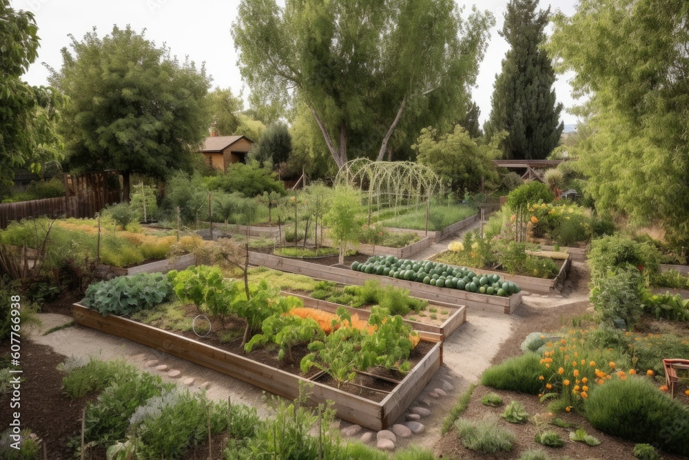 edible landscape with fruit trees and vegetable garden, providing sustenance in the form of fresh produce, created with generative ai edible landscape with fruit trees and vegetable garden, providing sustenance in the form of fresh produce, created with generative ai