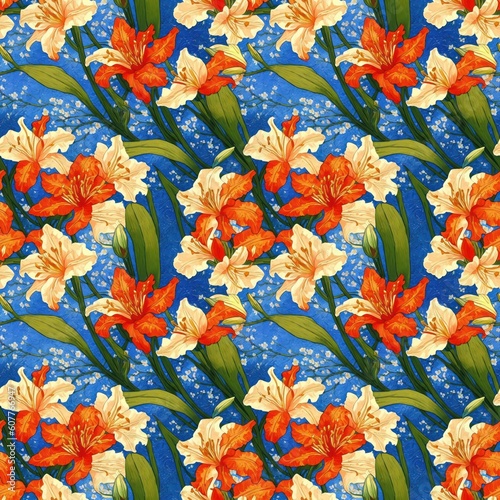 Seamless floral pattern with lily flowers, tileable, Generative AI © Kirill