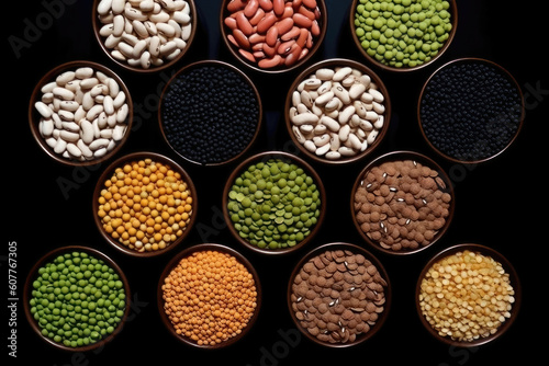 Black and white beans background: Collection of Diverse Legumes: Beans, Lentils, and Peas Elegantly Arranged on a Black Backdrop, Top View. Generative AI