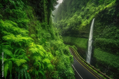 scenic highway, with view of a rumbling waterfall and lush greenery, created with generative ai © Alfazet Chronicles