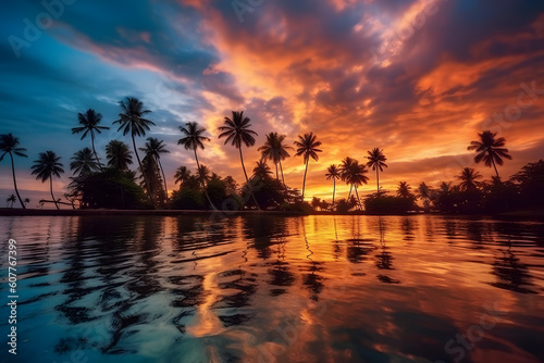 Twilight on amazing ocean tropical beach. Summer background ai generated art Generative AI © mihail