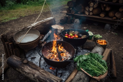 campfire cook, preparing meal with fresh ingredients and spices on campfire, created with generative ai