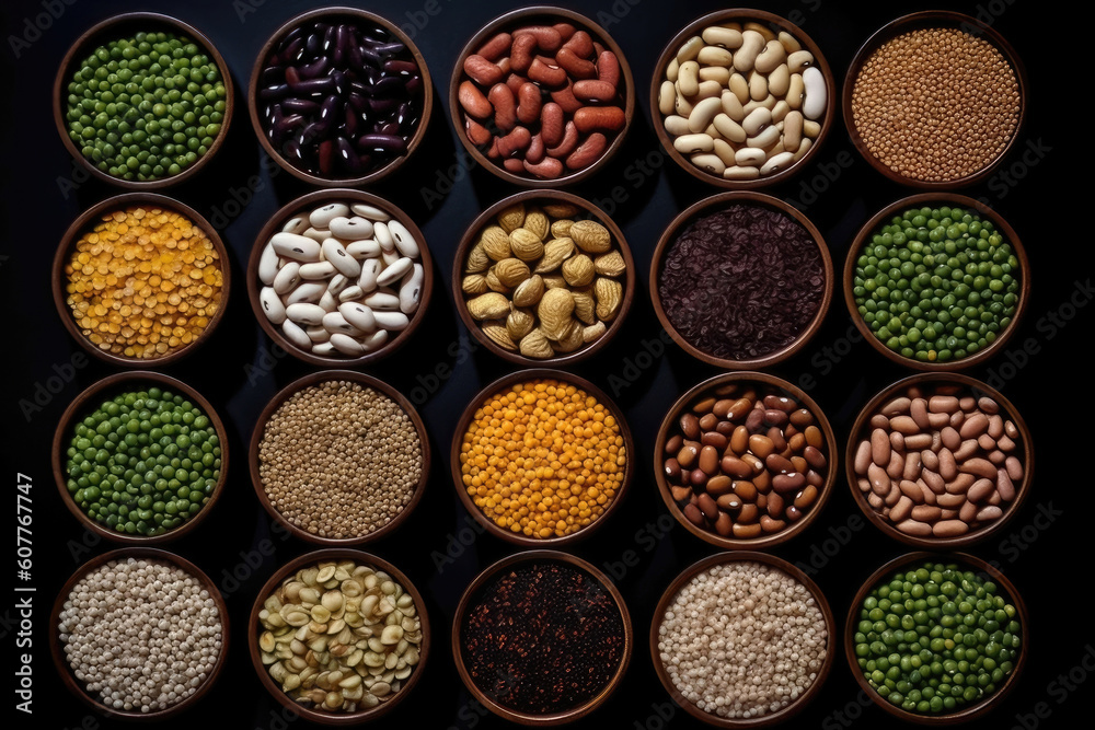 Healthy and Nutritious Food Concept: A Variety of Legumes on a Dark Canvas, Top View - Curated by Generative AI Healthy and Nutritious Food Concept: A Variety of Legumes on a Dark Canvas, Top View - Curated by Generative AI