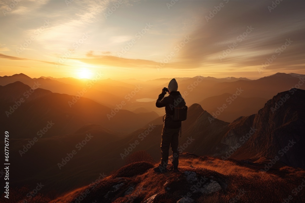 person, photographing the sunrise over a rugged mountain range, during adventure travel expedition, created with generative ai