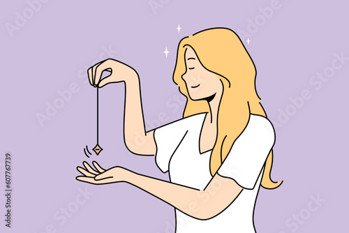 Smiling woman holding pendulum meditating. Happy girl with magic crystal used for spiritual guidance. Esoteric and spirituality. Vector illustration. 