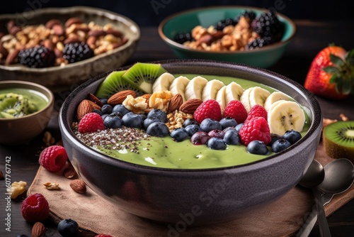 smoothie bowl topped with fresh fruits, nuts, and seeds, created with generative ai © Alfazet Chronicles