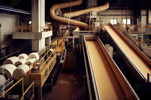 pulp and paper manufacturing plant, with conveyor belts and machines moving products through the process, created with generative ai