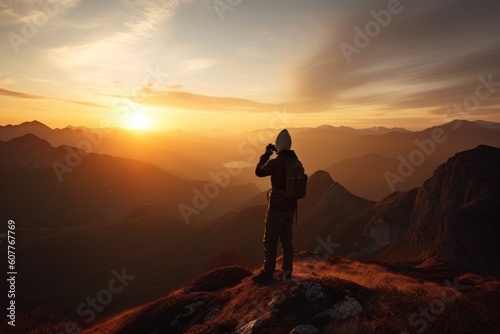 person, photographing the sunrise over a rugged mountain range, during adventure travel expedition, created with generative ai