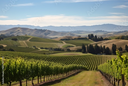 vineyard with rolling hills and distant mountain ranges in the background  created with generative ai