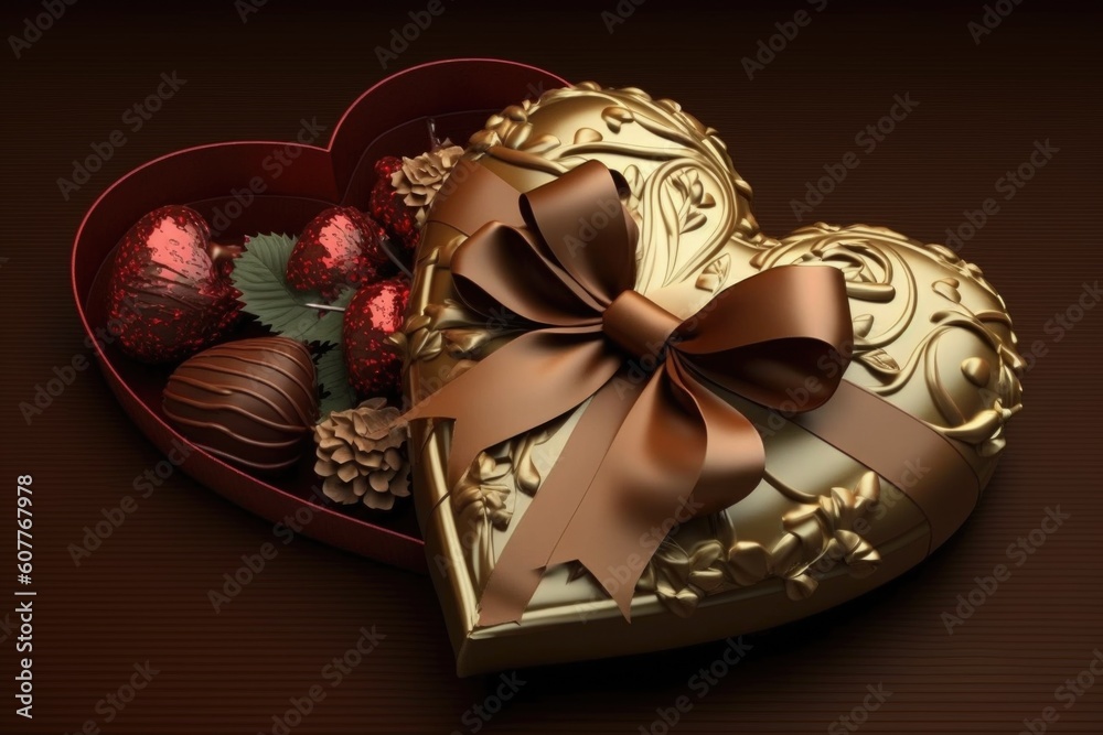 heart-shaped box of chocolates or truffles with ribbon and bow on gift, created with generative ai heart-shaped box of chocolates or truffles with ribbon and bow on gift, created with generative ai