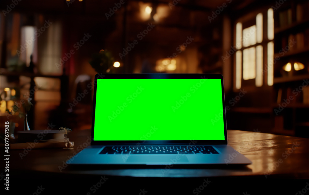 a laptop with replaceable greenscreen display stands in a sparsely lit living room, generative AI a laptop with replaceable greenscreen display stands in a sparsely lit living room, generative AI