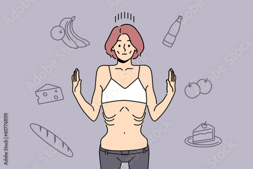 Skinny woman refuse eating suffer from anorexia. Unhealthy thin girl struggle with abnormal weight loss. Health problems. Vector illustration. 