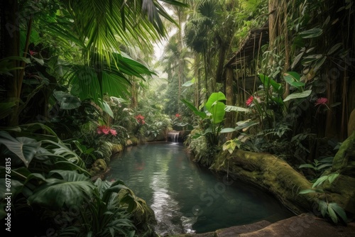 tropical jungle  with view of cascading waterfall and tranquil pool  created with generative ai