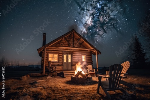 cozy cabin with bonfire and marshmallows, surrounded by starry night sky, created with generative ai